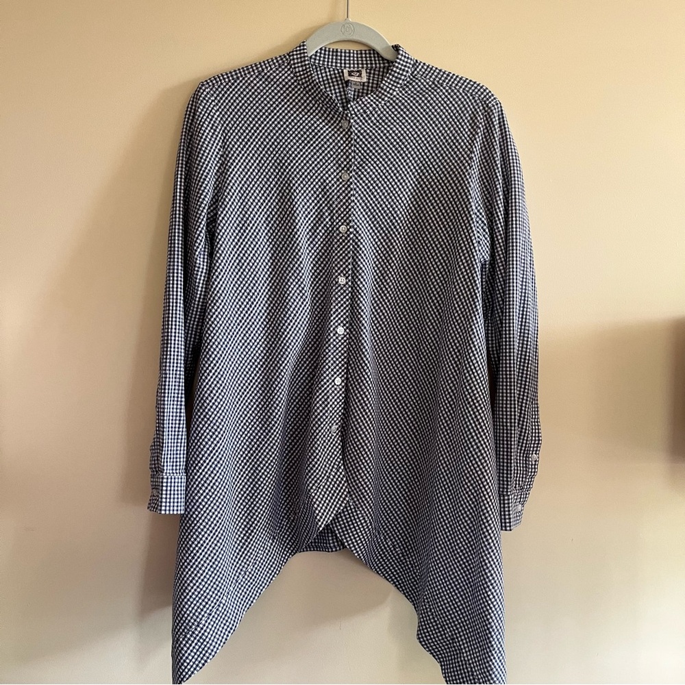 Anne Klein Navy and White Checkered Blouse